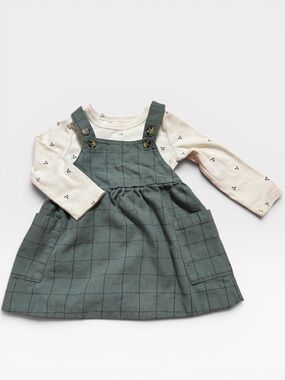 Carter's Green Plaid Pinafore Dress with Cream Long-Sleeve Onesie, 12M, FALL